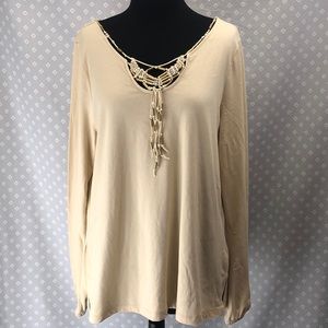 Liz Claiborne Taupe Long Sleeve Macrame Beaded Top